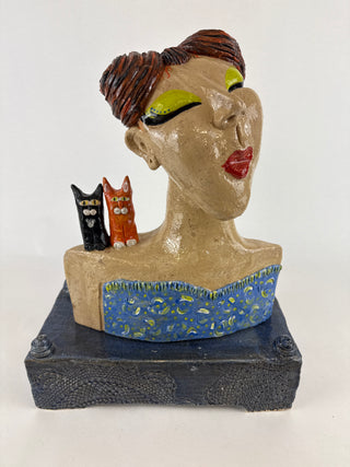 Flat Lady Sculpture with 2 cats on shoulder