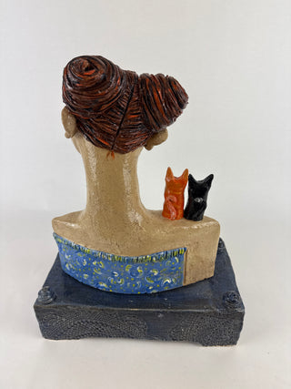 Flat Lady Sculpture with 2 cats on shoulder