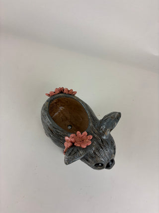 Animal Sculpture - Wombat planter Pink Flowers