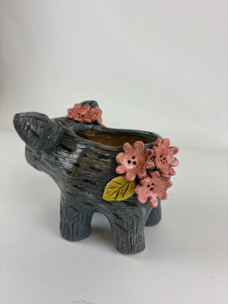 Animal Sculpture - Wombat planter Pink Flowers